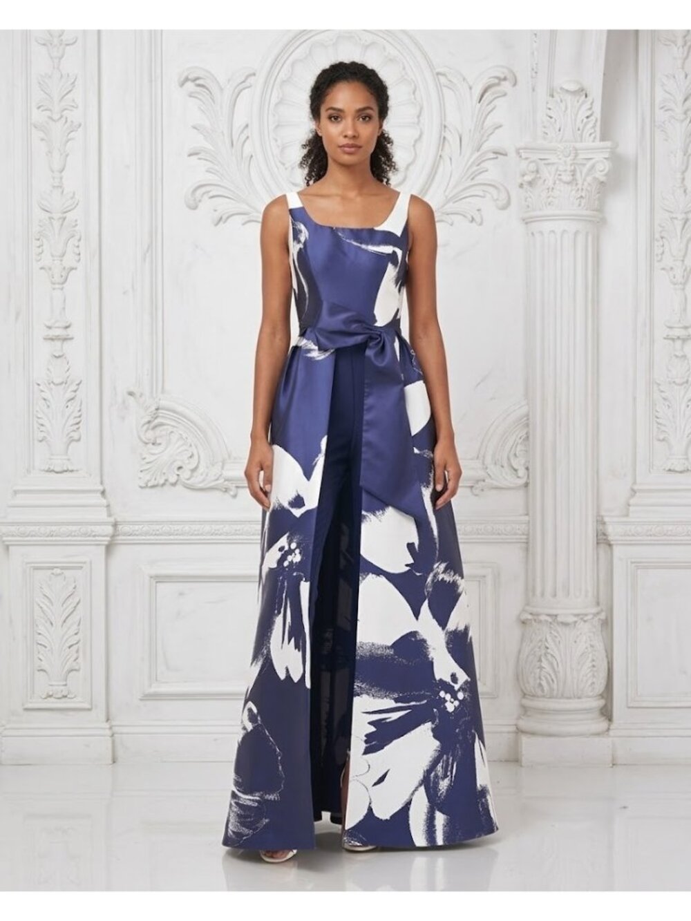 NWT Kay Unger Sophie in Navy Floral Printed Mikado Walk-Thru Jumpsuit 14